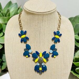 J Crew Statement Flower Necklace Blue Yellow Crystal Beaded Choker 17”